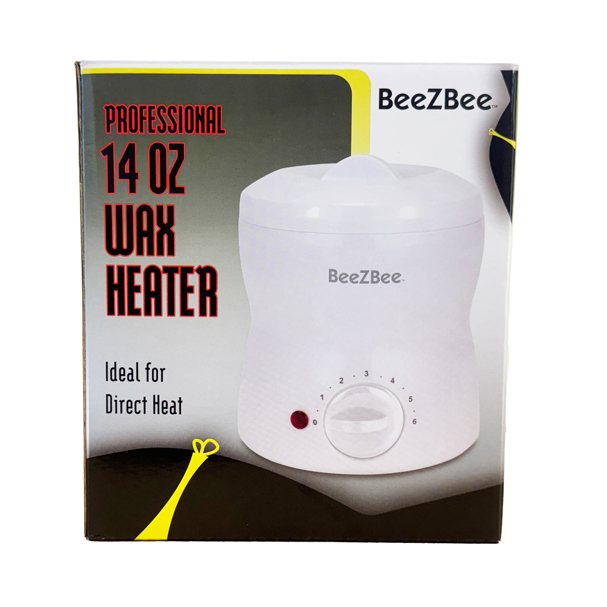 A professional 14 oz wax heater by BeeZBee, displayed in its packaging which is predominantly black and yellow with white text.
