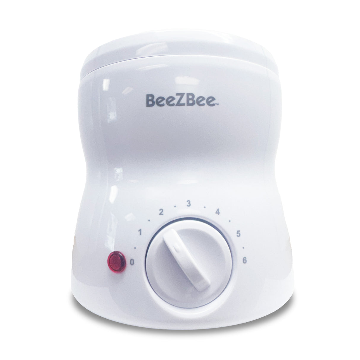 A white BeeZBee brand wax heater with a dial for temperature control and a red switch.