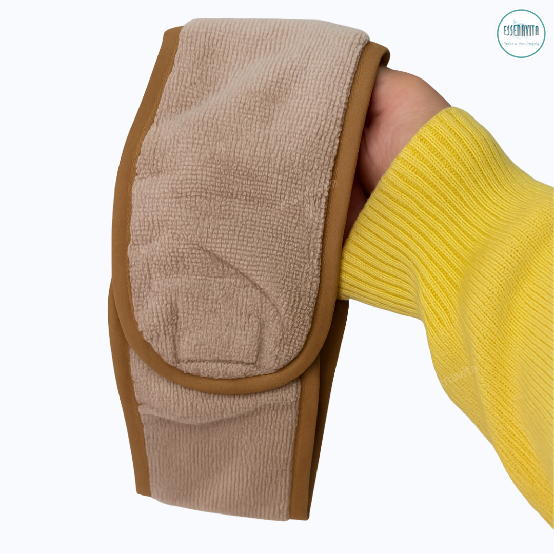 Camel microfiber spa headband with adjustable wide Velcro held in hand