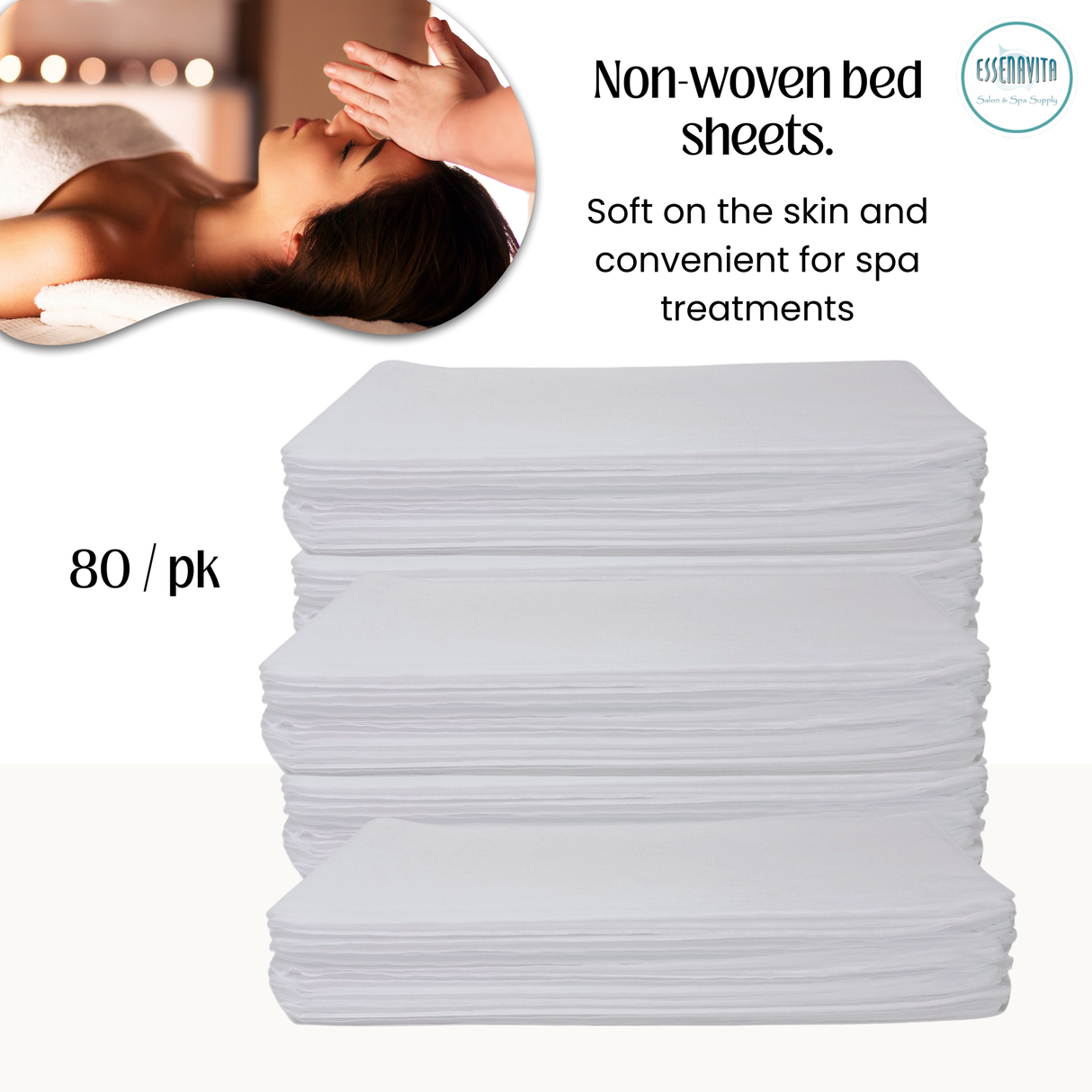 Stack of non-woven disposable bed sheets in an 80-pack with spa treatment graphic and product text