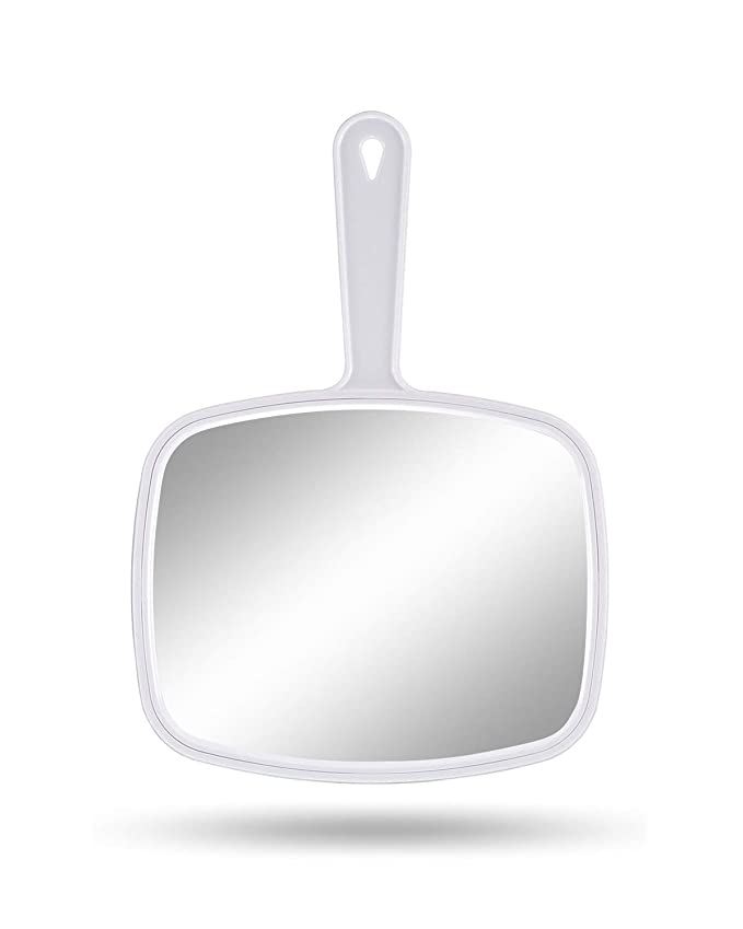 Handheld white mirror with handle 8"x9" single sided for salon skin care make up