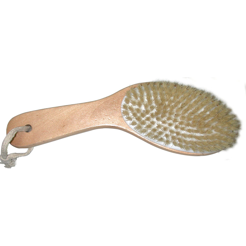 Bath & Body brush wooden handle 10" Length and 2.5" oval brush head natural boar hair bristles for dry brushing and exfoliating