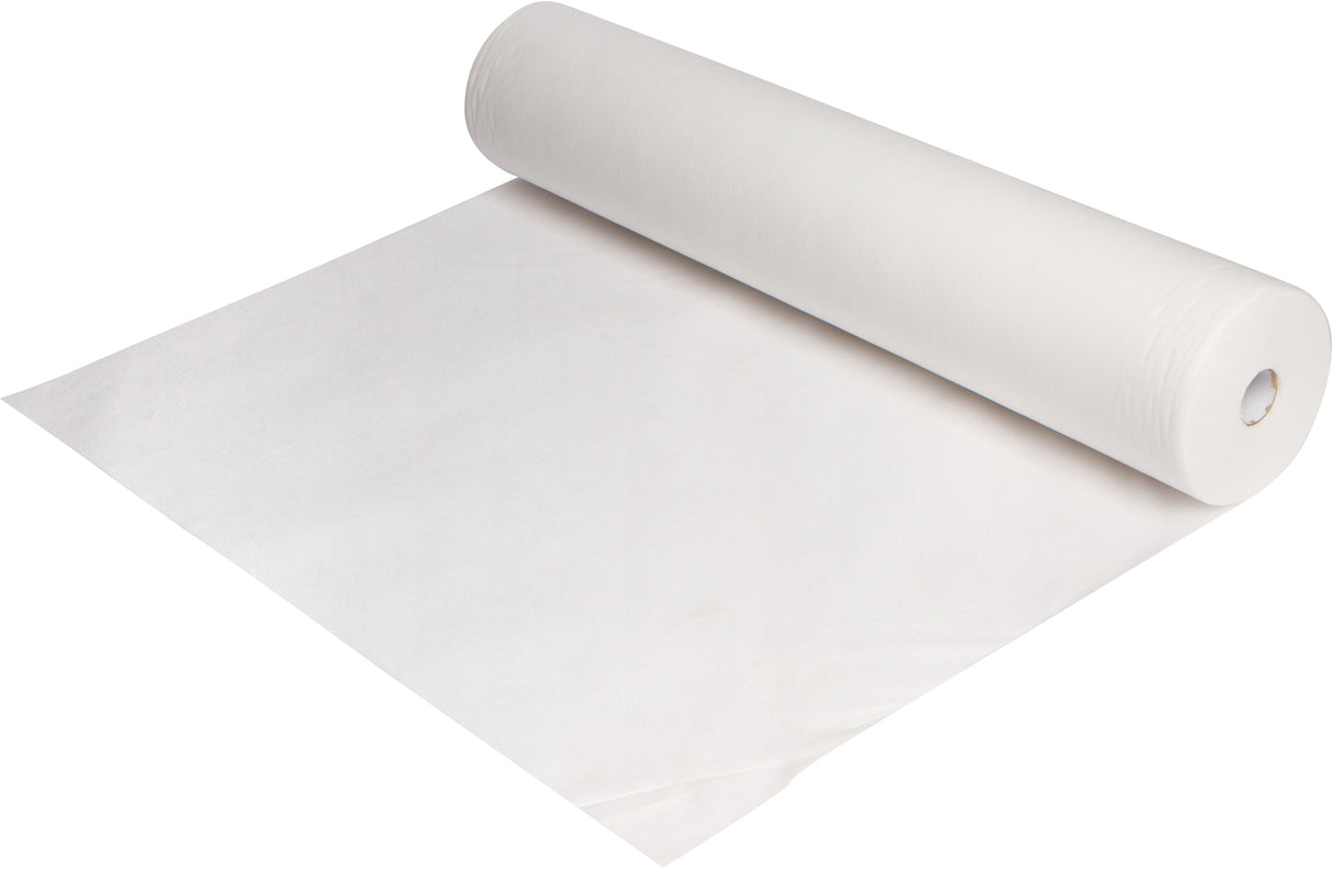 24x330 non woven bed cover roll partially unrolled showing sheet white disposable spa table cover