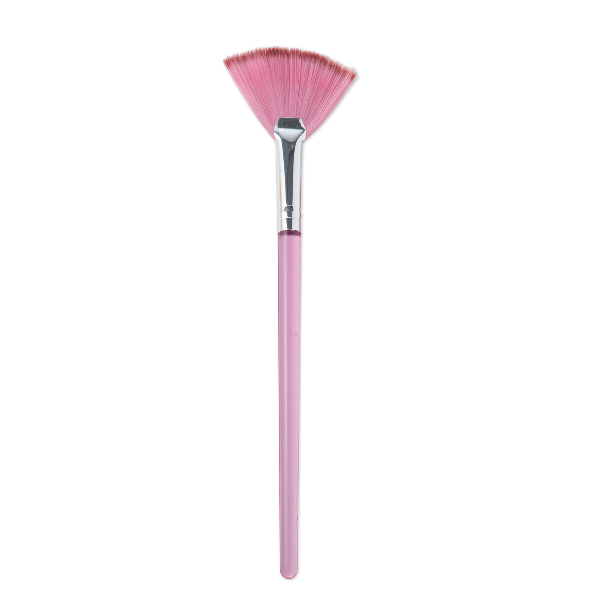 pink plastic fan mask brush with 6-inch handle and extra soft bristles for estheticians and spa use