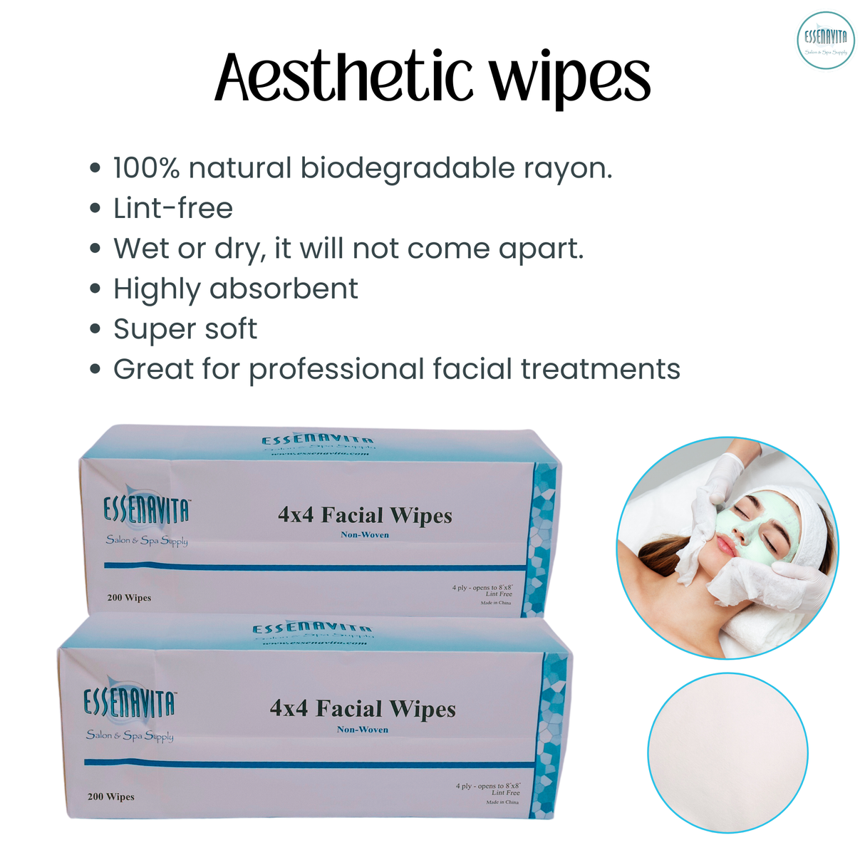 Essenavita 4x4 Biodegradable Esthetic Wipes – 200 Pack