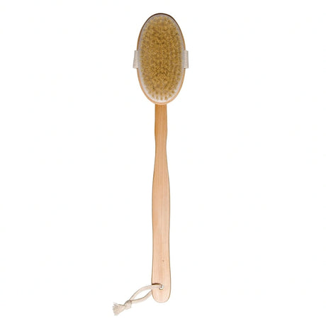 Body brush with wooden handle and natural bristles on a white background