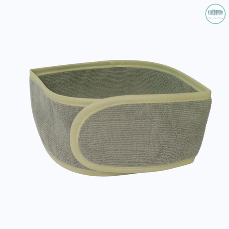 Single olive microfiber spa headband closed on white background