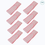 Set of 8 pink microfiber spa headbands stacked, closed on white background
