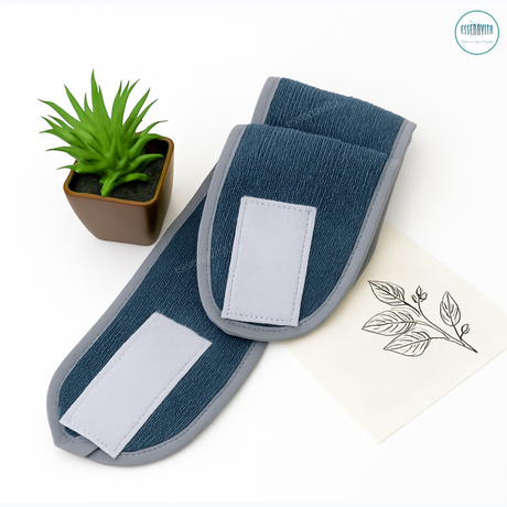 Slate microfiber spa headband opened to show adjustable wide Velcro closure