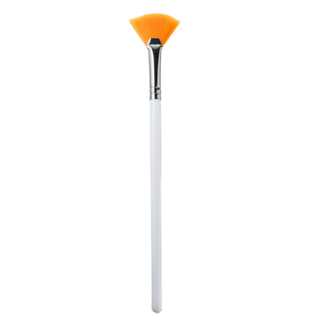 orange Takalon fan mask brush with 7.5-inch wooden handle for estheticians, ideal for masks, serums, and chemical peels
